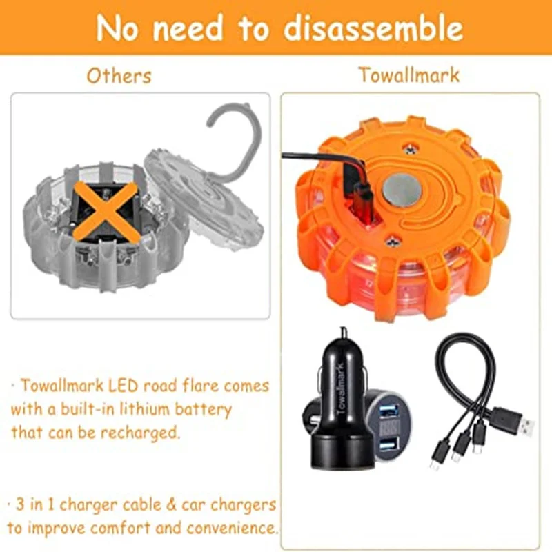 3 Pack Rechargeable LED Road Flares Emergency Lights Roadside Safety Beacon Disc Flashing Warning for Car Truck emergency light car strobe light