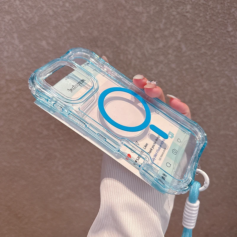 Heavy Duty Clear Shockproof Magnetic Phone Case with Magsafe Charging and Lanyard Attachment