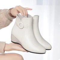 New Autumn Winter Warm Short Boots Women Black Solid Ankle Boots For Heel Zip Point Toe Fleece Wedge Mother Cotton Shoes