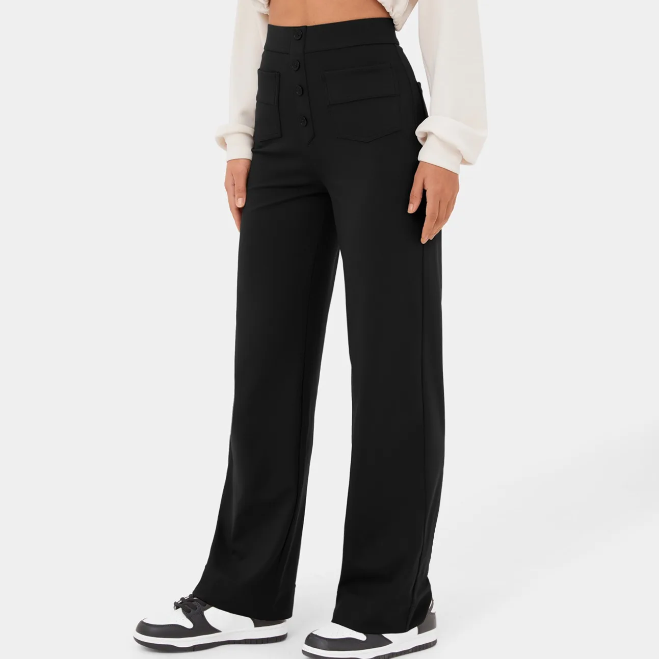 Pantalon décontracté taille haute pour femme, pantalon en polyester noir, jambe droite, poche boutonnée, haute élasticité, nouveau, 2024