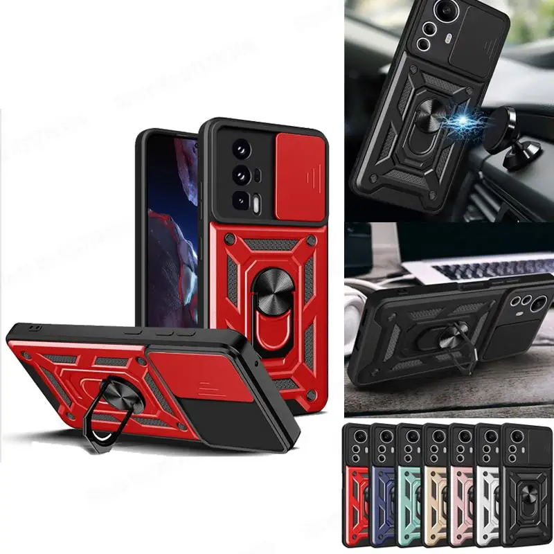 Per Poco F5 Pro Armor Hybrid Slide Lens Protection Case Per Poco X5 X4 Gt X3 M5 M4 M3 Heavy Duty Magnetic Ring Holder Cover