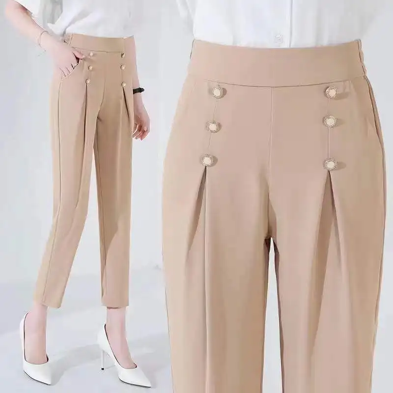 2024 Summer Temperament Commuting Minimalist Fashion High Waisted Button Straight Leg Solid Color Ice Silk Suit Cropped Pants