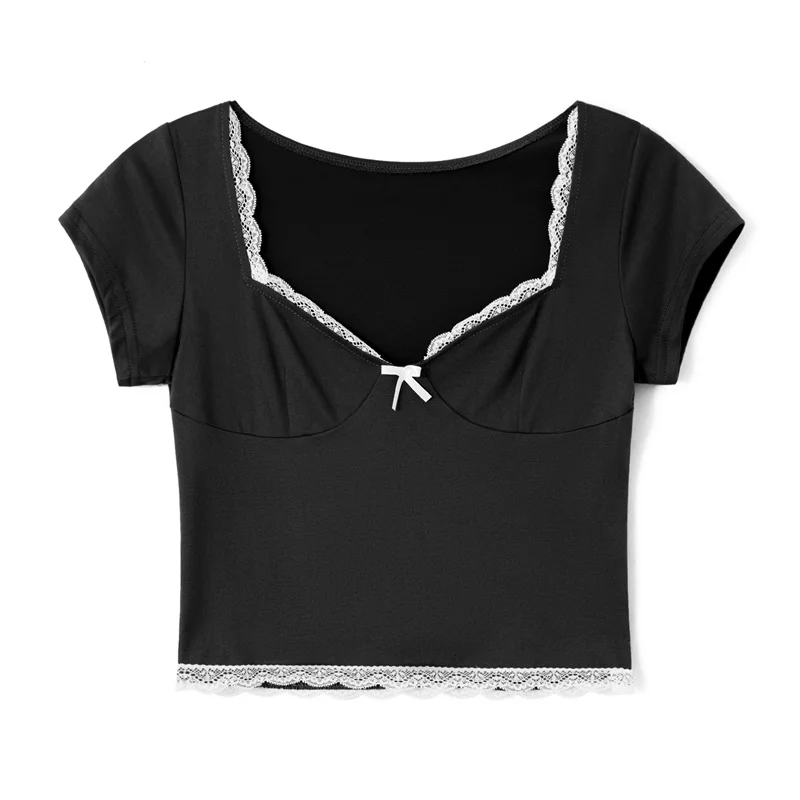 y2k Lace Trim Crop Top Women Sweetheart Neck Short Sleeve T Shirt with Bow Coquette Aesthetic Clothes 2000s Streetwear