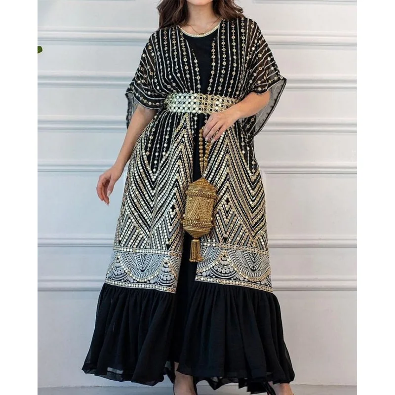 

Vintage Printed Dress Set 2 Piece Outfits Women Sleeveless Inner Dress and Batwing Sleeve Coat Dress with Belt Modest Dresses