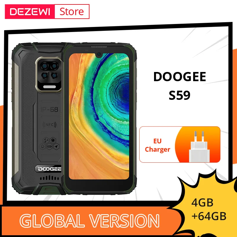 

DOOGEE S59 Global Version Helio A25 Octa Core Rugged Phone 10050mAh Super Battery Smartphone IP68/IP69K 2W Loud Volume NFC 4+64