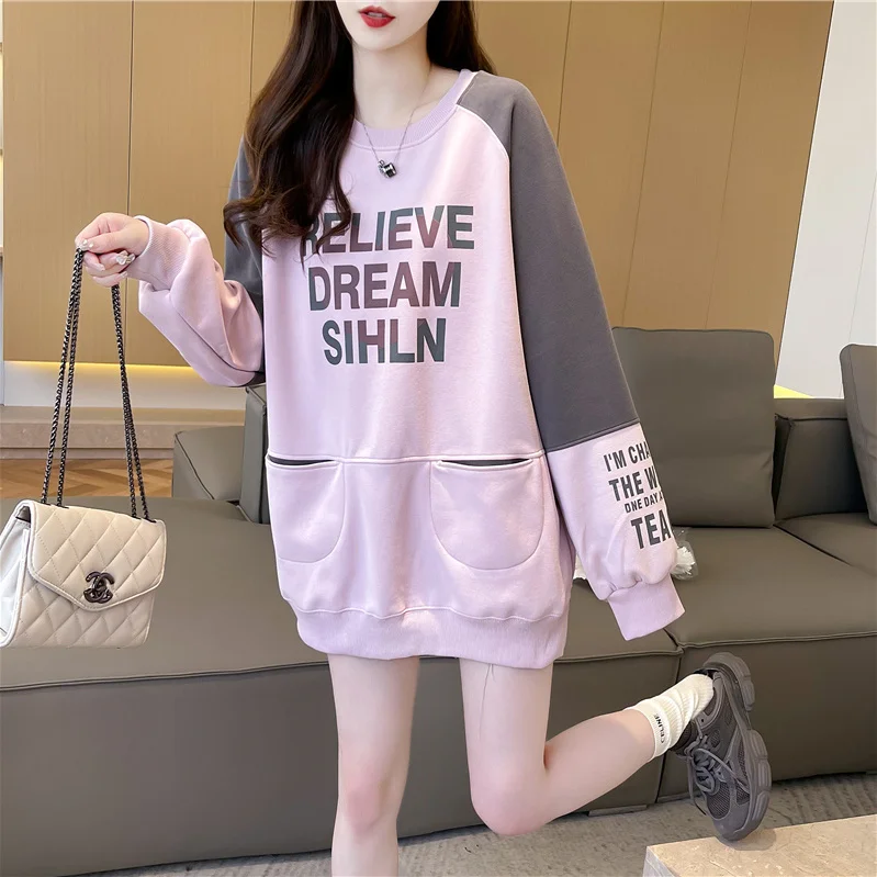 Hoodies Pullover Spring And Autumn Season Patchwork Chubby Loose Thin Sweater Women  Korean Version Loose Mid Length Upper