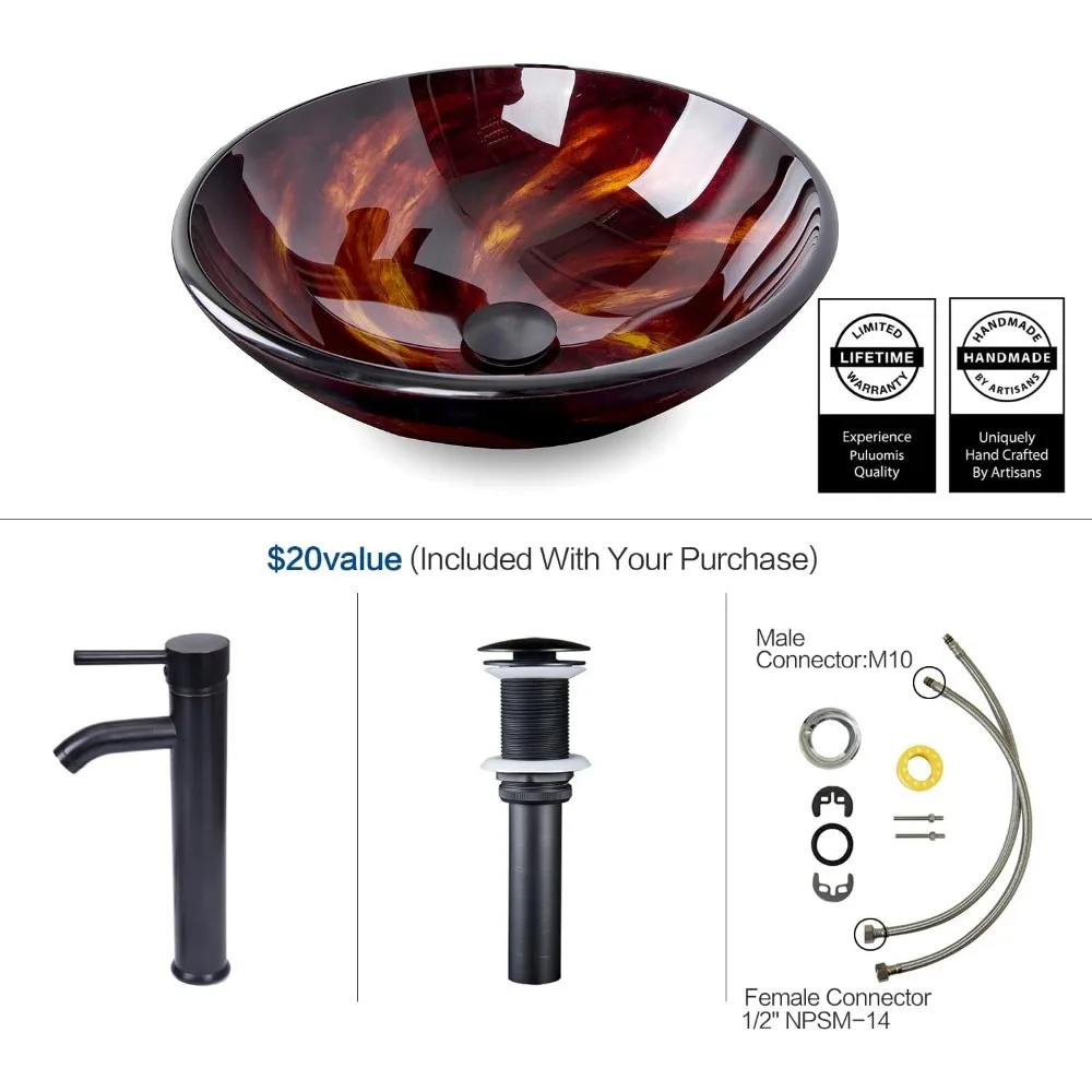 Artware Sink Bathroom Tempered Glass Vanity Round Bowl With Oil Rubber Bronze Faucet and Pop Up Drain Combo Countertop Furniture 4
