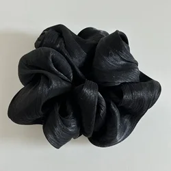 Pearl Sheen Hair Scrunchies - Elegant High Gloss Elastic Bands (Black)
