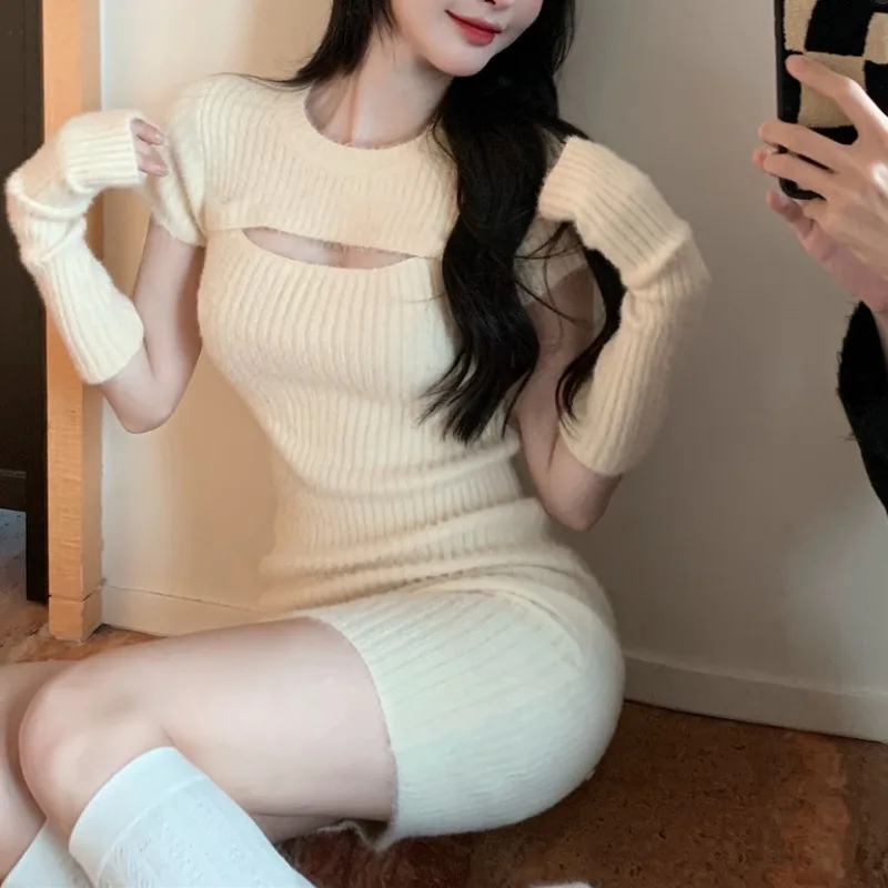 

Pure Sexy Party Wear Mini Knitted Dress Women's Autumn Wear Sexy Slim Fit Short Skirt Chic Sweater Bottomed Japan Kawaii Girl