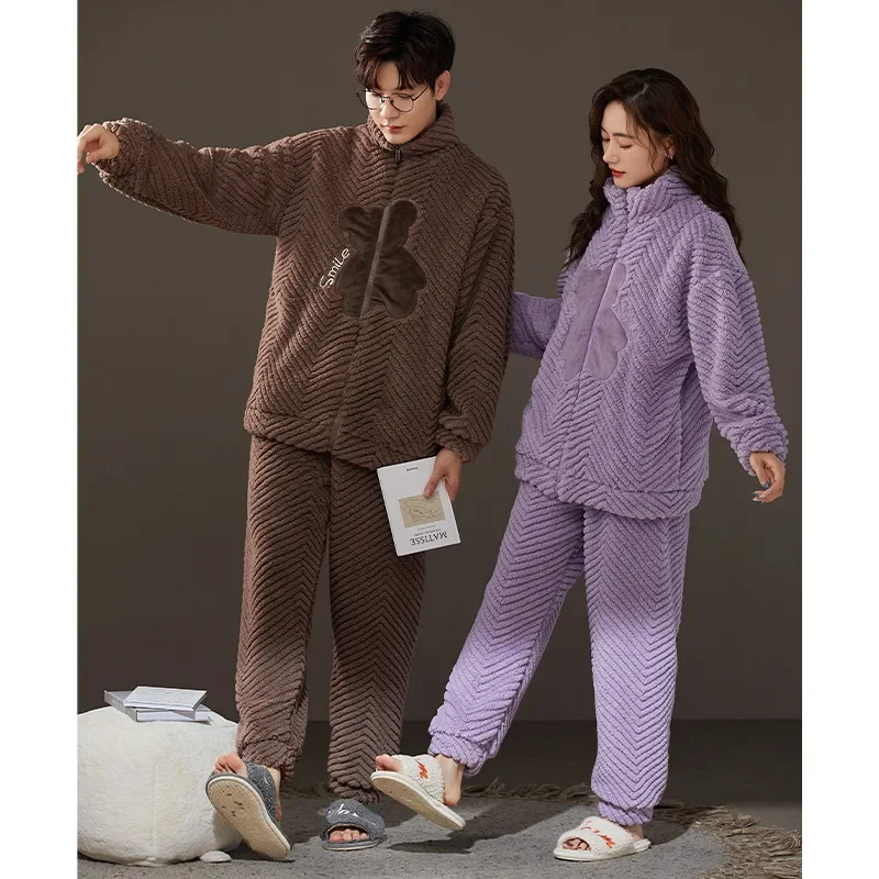 Sleepwear Men Pajamas Women Pajama Sets Couple Pajamas Autumn Winter Warm Flannel Big Size Zippers Nightwear Kawaii Clothing