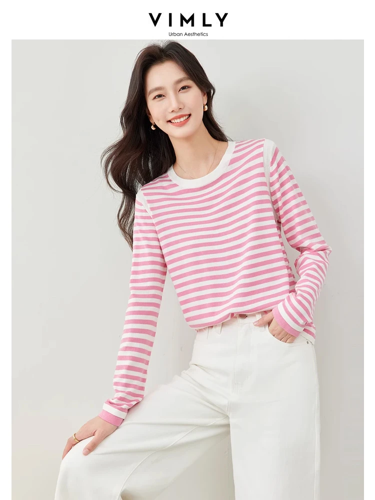 

Vimly Women's Striped Long Sleeve Knitted Top 2024 Spring New O-neck Loose Lyocell Knit Pullovers Soft Female Knitwear 72911