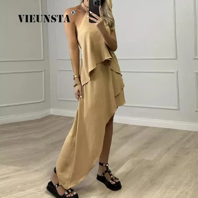 

2024 New Solid Halter Sleeveless Evening Dress Women Fashion Irregular Cascading Ruffles Party Dress Sexy Loose Slit Long Dress