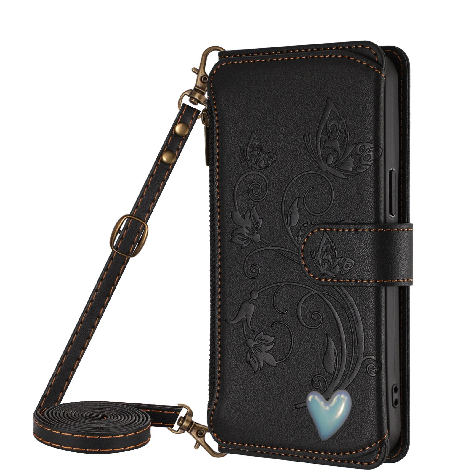 Elegant Crossbody Lanyard Flip Case Leather Wallet Cover with 5 Card Slots