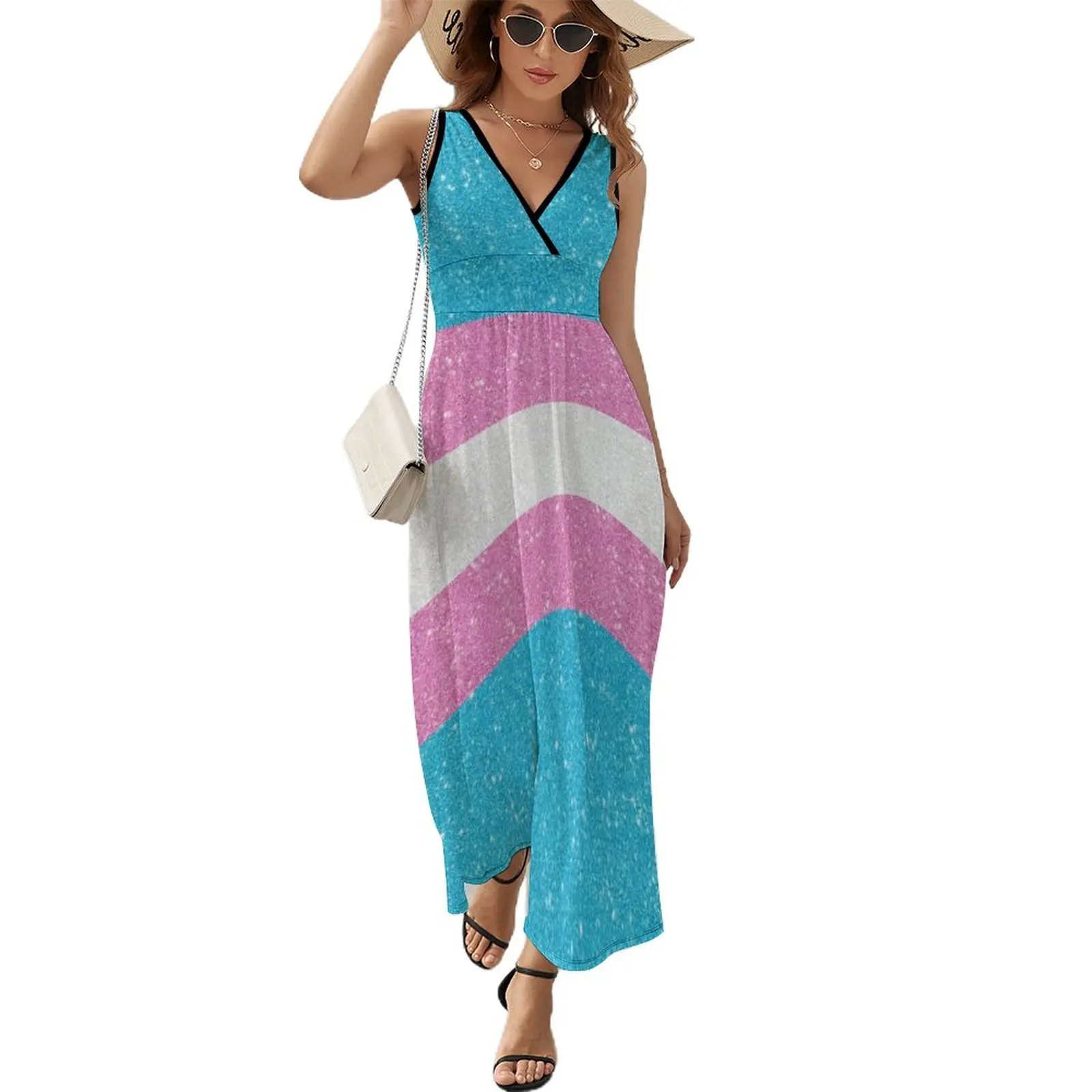 

Faux Glitter Transgender Pride Flag Background Sleeveless Dress Women's dress beach dress