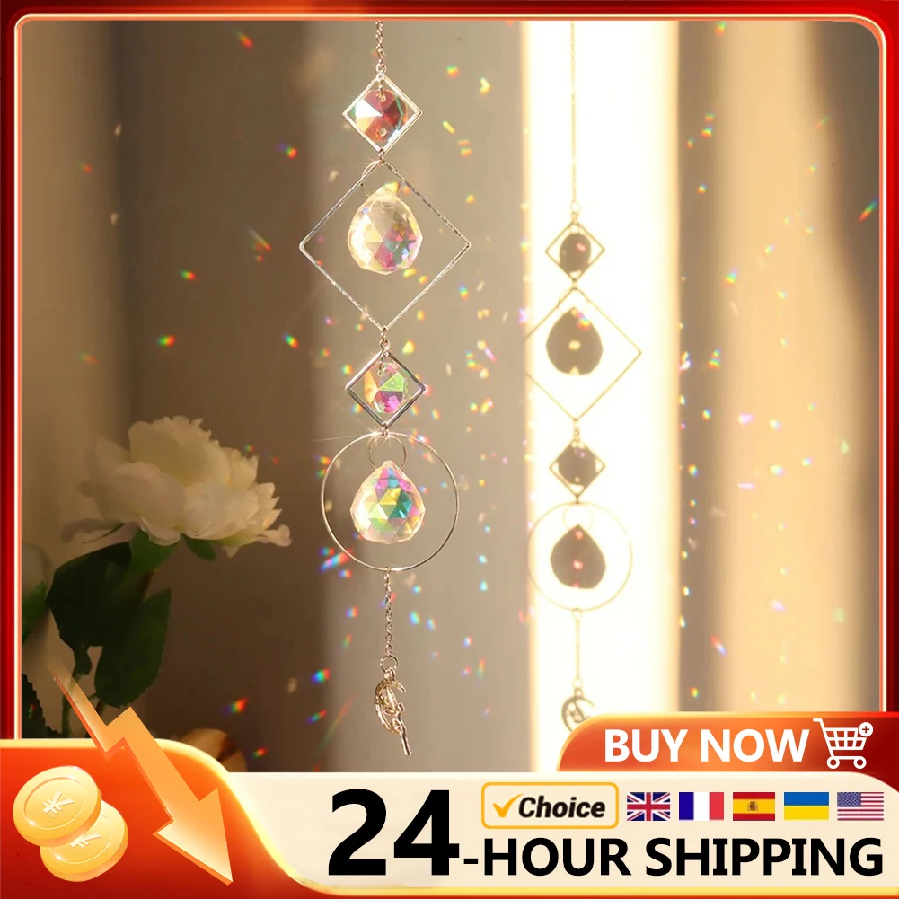Sun Catcher Wind Chime Crystal diamond Light Catcher Hanging Ornaments Prisms Round Frame Pendant Jewelry Curtains Lighting Ball Home Decor