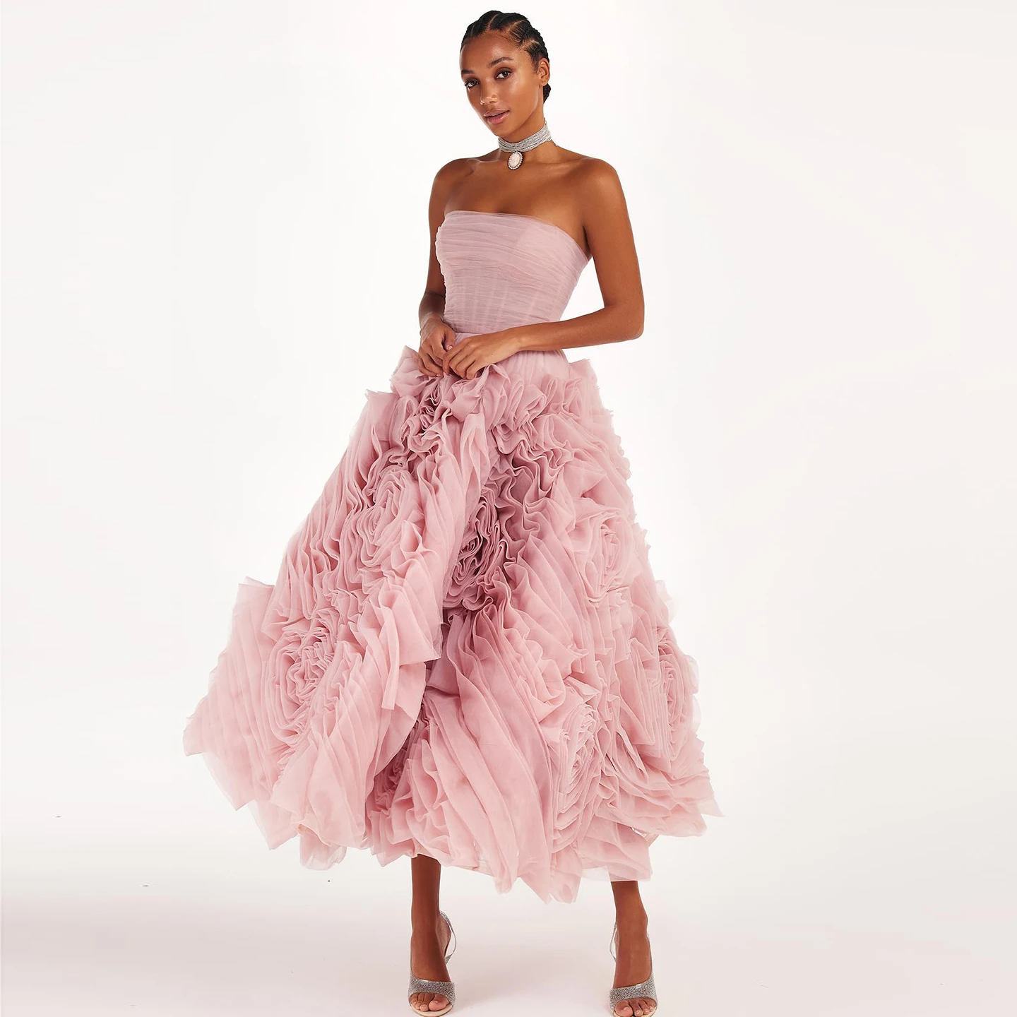 

Jancember Luxury 3D Rose Flower Pink Short Evening Dresses For Women Wedding Party 2023 Strapless Midi Formal Prom Gowns Sz343