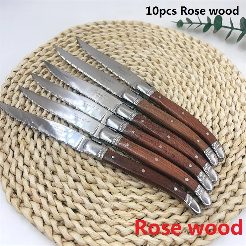 6-10pcs Laguiole Black wood Steak knives Stainless Steel Serrated Dinner Knife Red Solid Wooden Table Knifes Dinnerware set