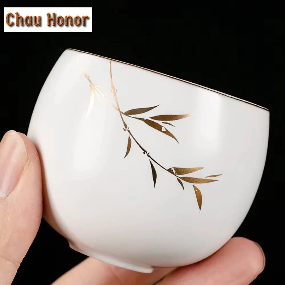 80ml 999 Gilded White Porcelain Gold Ceramic Teacup Pure Handmade Golden Bamboo Master Cup Puer Tea Bowl Jianzhan Kung Fu Teaset