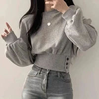 Autumn Women Solid O-Neck Slim Crop Top Lantern Sleeve With Button  Sweat Casual Hip-Hop Sporty Pullover Sweet Chic Street Wear - Image 4