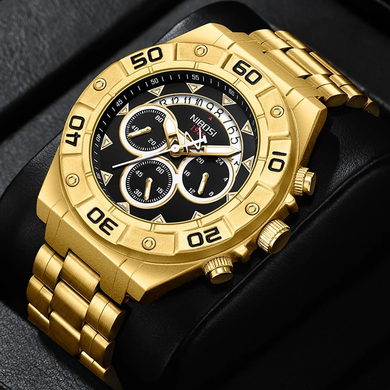 NIBOSI Mens Watches Top Brand Luxury Chronograph Quartz Watch Men  Full Steel Blue Big Dial Sport Waterproof Clock Reloj Hombre