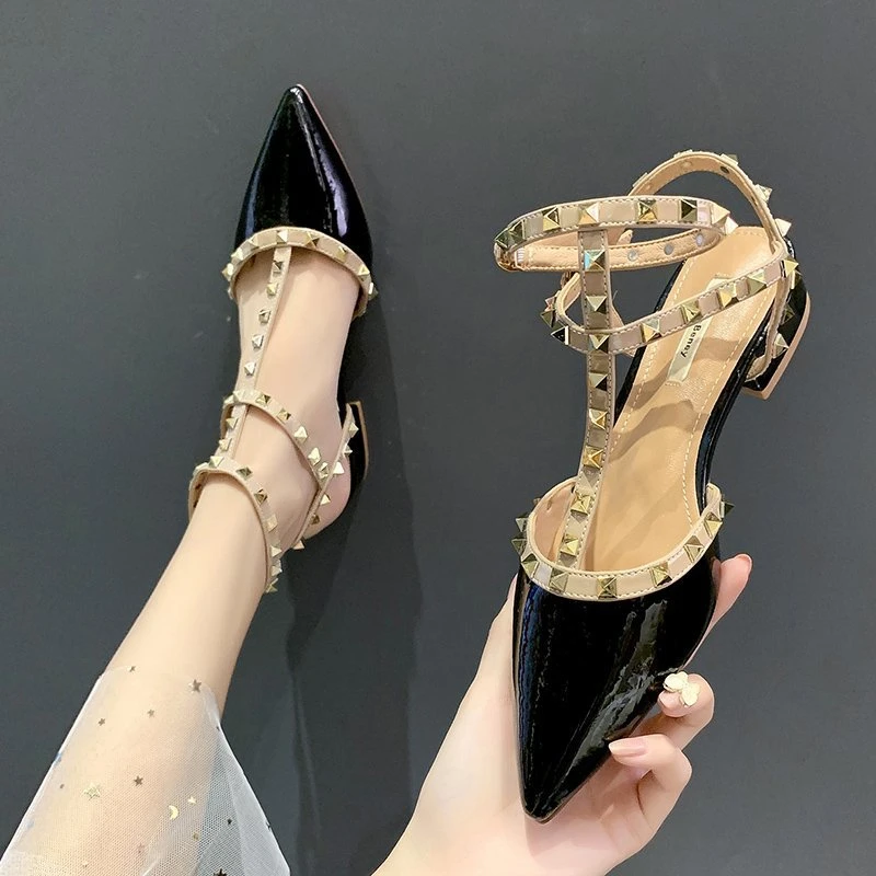 Fashion Shoes for Women Slingbacks Buckle Female Sandals Spring Pointed Toe Rivet Shallow Sexy Dress Party Low Heels Shoes