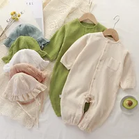 Muslin Baby Jumpsuit Hat Long Sleeve Cotton Toddler Romper for Boys Girls Solid Color Spring Autumn Baby Clothes Newborn Onesie 2