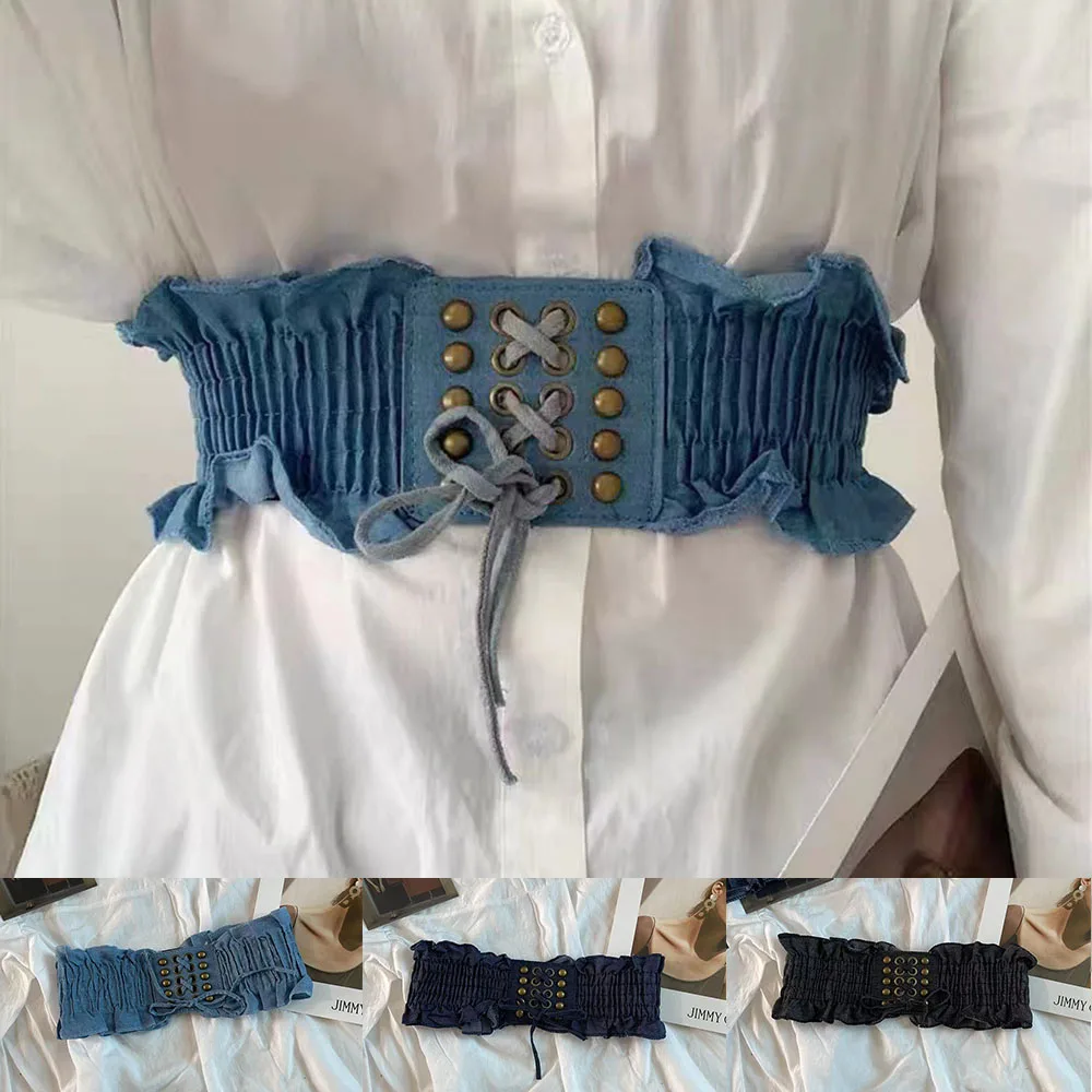 

Elastic Corset Waist Belt Peplum Belt Lace Up Waistband Denim Cincher Belt Stretchy Decorative Belt Wide Corset All-match Rivet