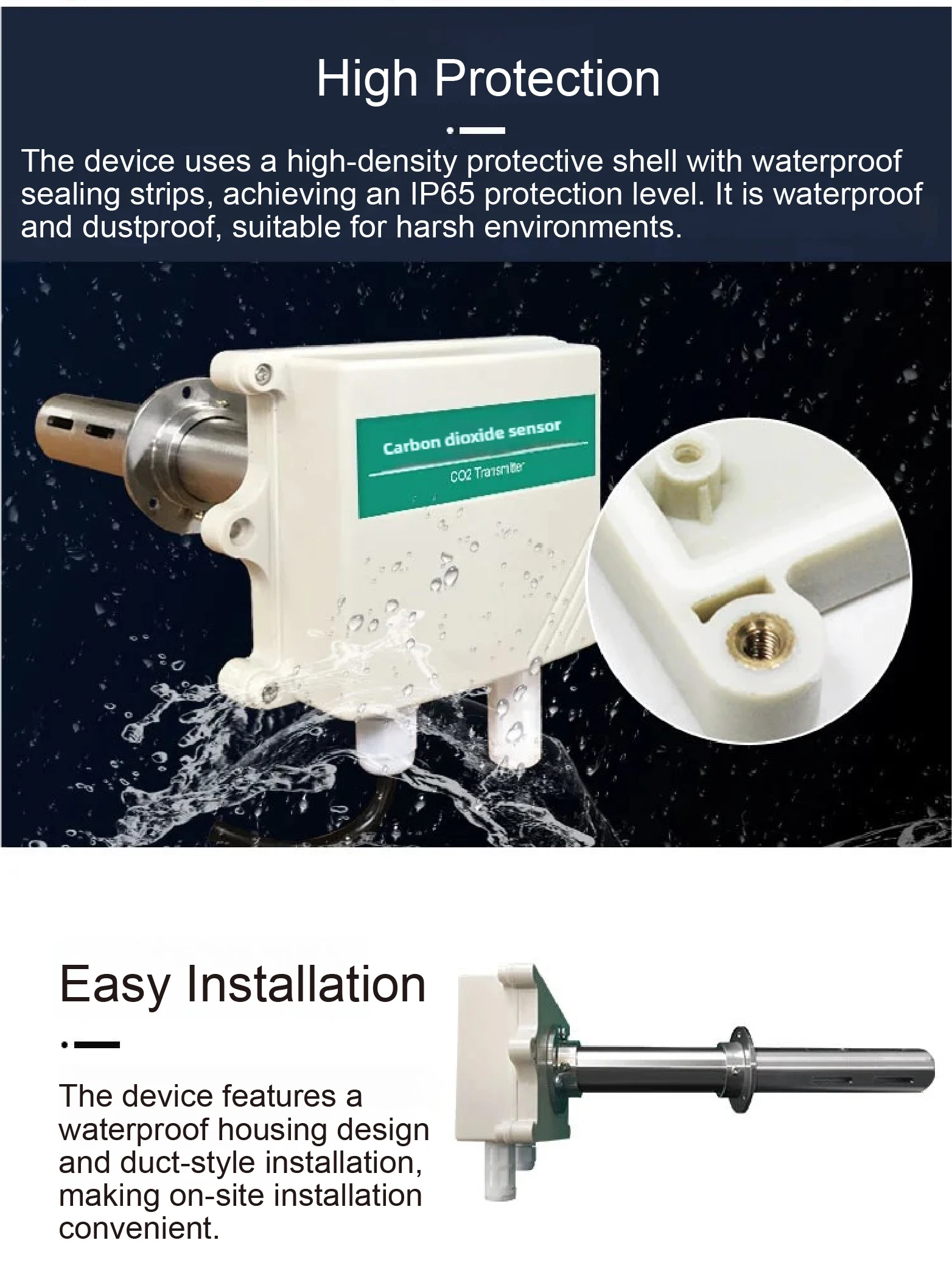 Duct CO2 Sensor RS485 4‑20mA 0‑5V 0‑10V IP65 Industrial Pipeline CO₂ Transmitter