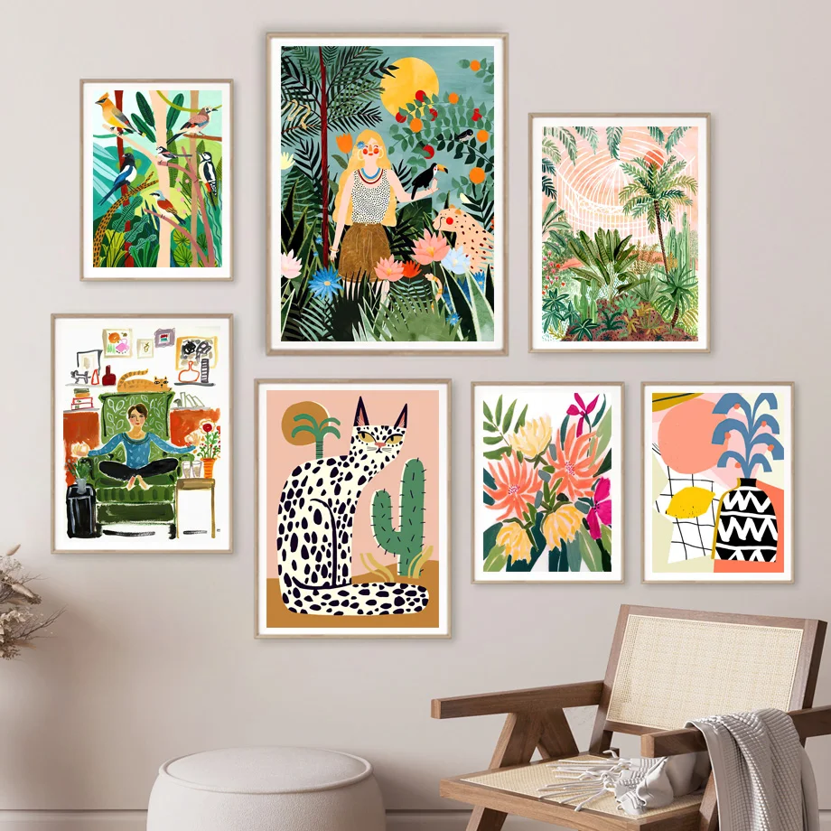 

Abstract Tropical Leopard Cat Bird Flower Jungle Wall Art Canvas Painting Posters And Prints Wall Pictures For Living Room Decor