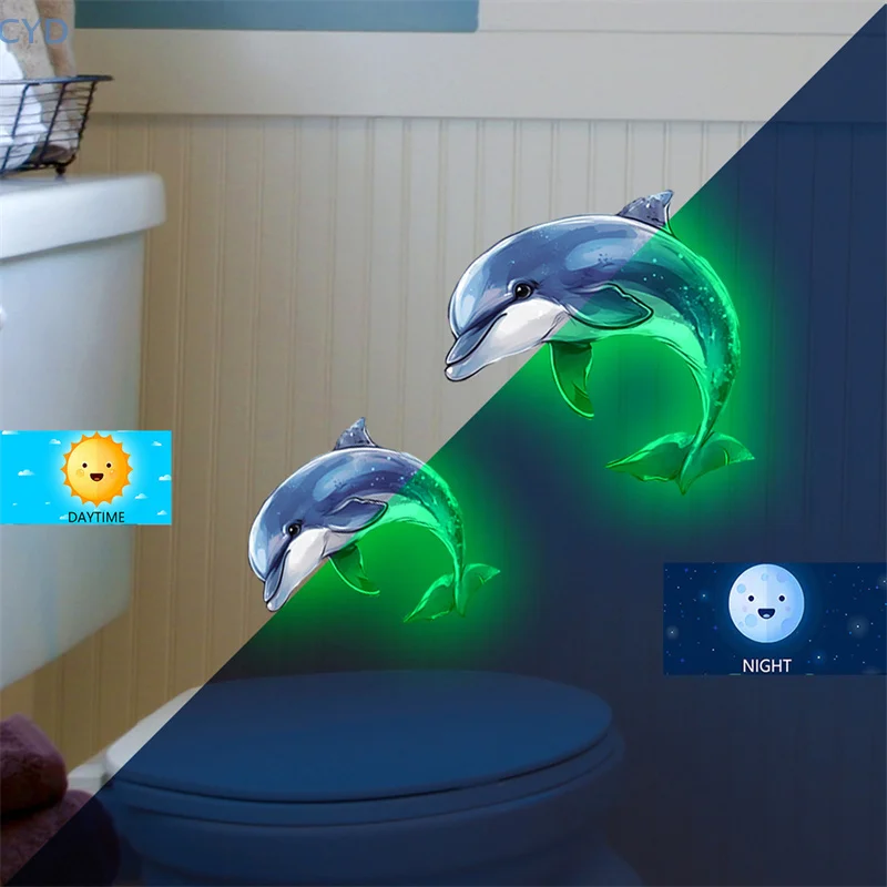 Glow-in-the-dark Dolphin Toilet Sticker Self-adhesive Waterproof PVC Children's Room Bedroom Bathroom Home Decoration Sticker