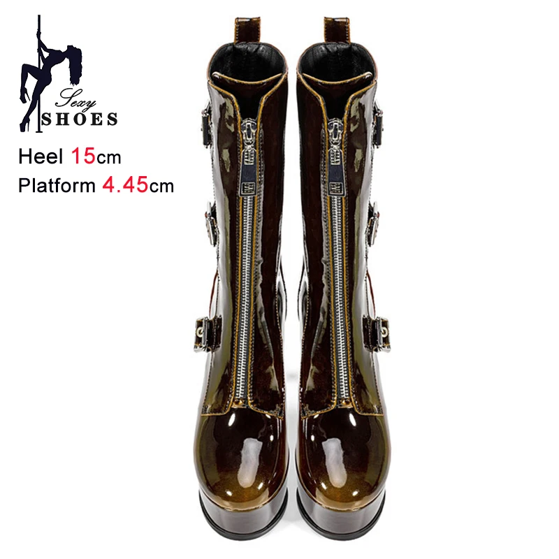 2026 Autumn Winter Black Women Mid-Calf Boots Front Zipper Belt Buckle Round Toe Thick Heels 14.5cm Platform 7.5cm Dance Boots