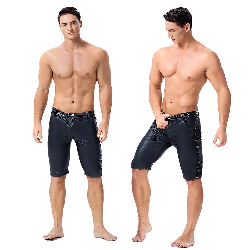Mens Black Stretchy Tights Pants Faux Leather Sexy Skinny Trousers Latex Slim Fit Pants Stage Performance Night Club Dance
