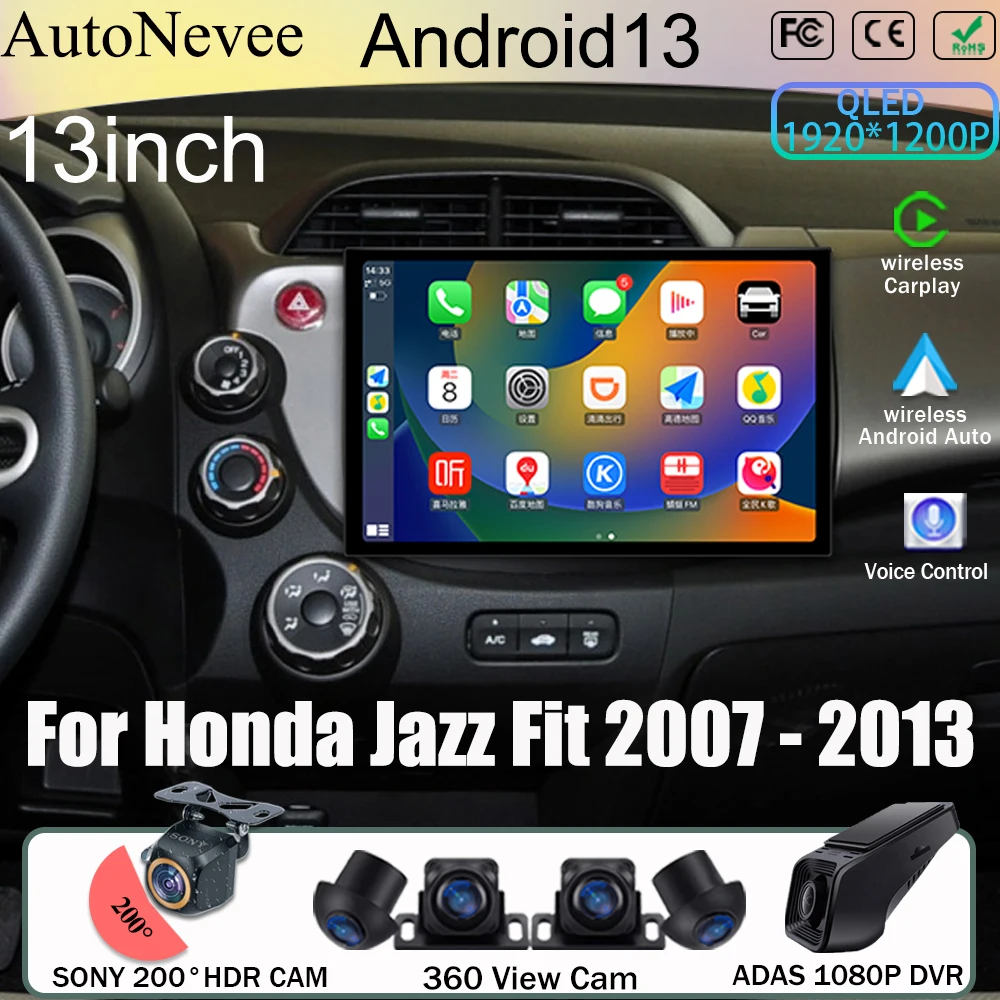 

13 дюймов WIFI Android 13 для Honda Jazz Fit 2007 - 2013 автомобильное радио Carplay стерео видео сенсорный экран автомобиля QLED экран No 2din DSP