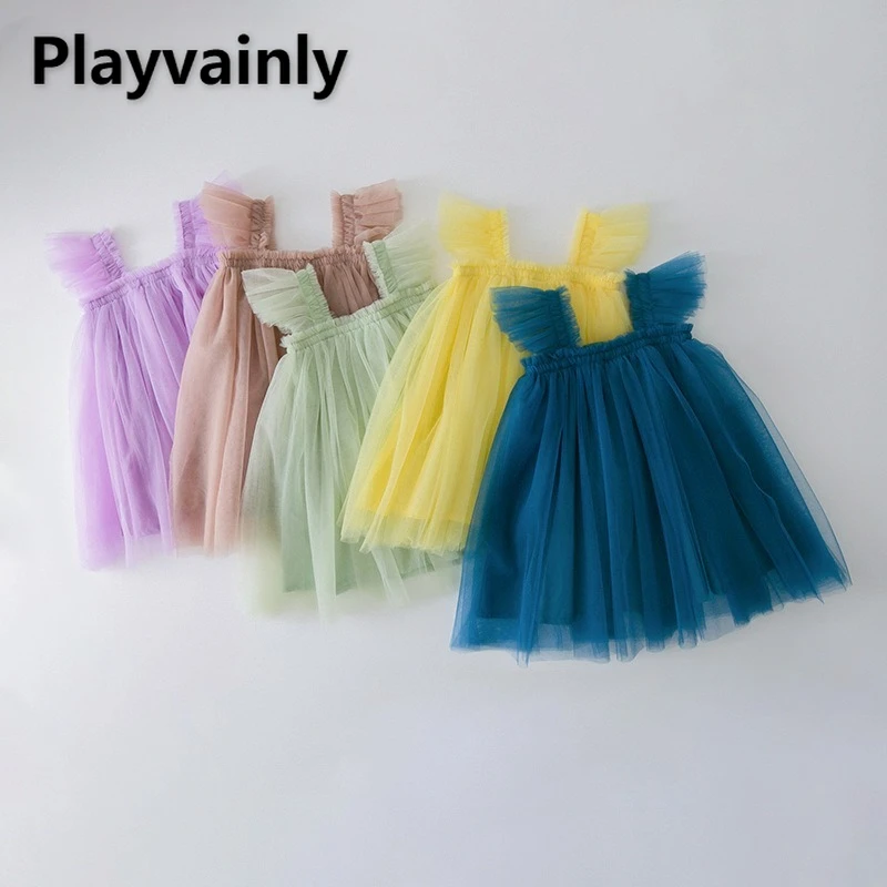 

Новое летнее платье для маленькой девочки, однотонное Сетчатое платье с расклешенными рукавами и длинной юбкой-пачкой, пышный сарафан принцессы, H1261