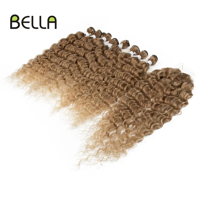 Bella Synthetic Hair Extensions Curly Hair Bundles With Closure Water Wave Synthetic Bundles 9Pcs 20 inch Ombre Brown For Women 3