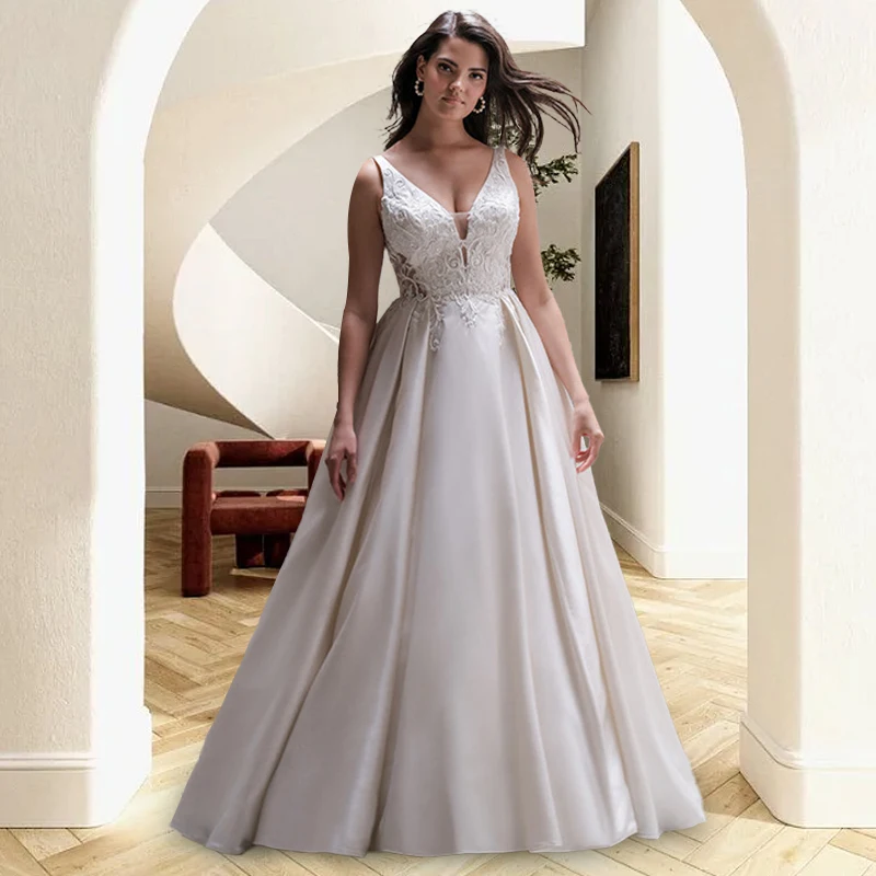 

Elegant Satin Wedding Dresses Graceful Lace Appliques Bridal Gowns A-Line V-Neck With Button Train Vestidos De Novia