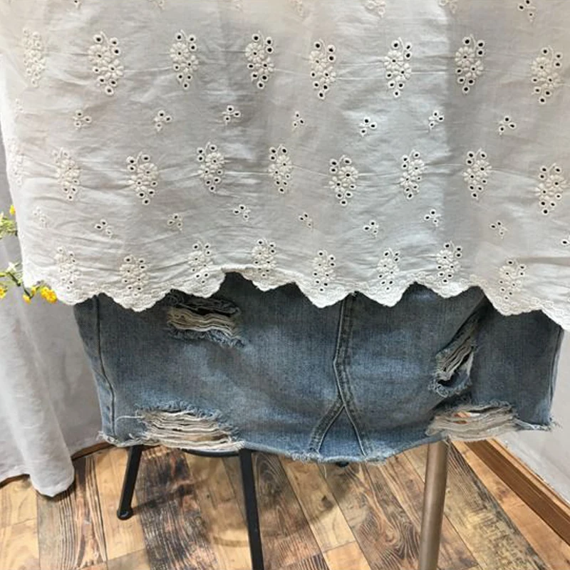 Women's Cotton Embroidery Hollow Short-Sleeved Shirt Temperament Casual Tops Sense of Fashion Summer New Korean Design 2023