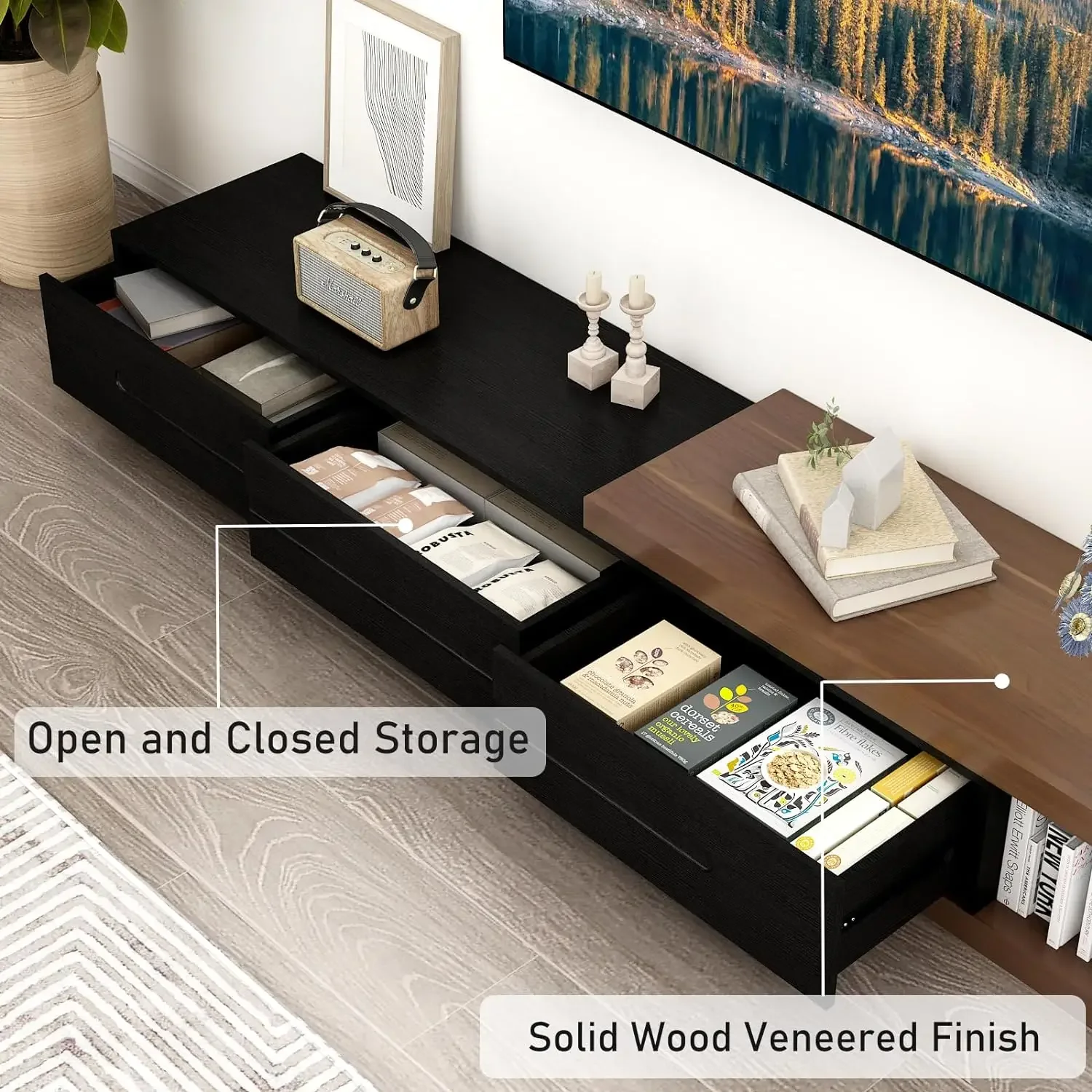 Description Picture 2 of itemExtendable TV Stand,Modern Entertainment Center for Up to 120 Inch TV, Wood Reversible TV Media Console with 3 Drawers, 82-110''