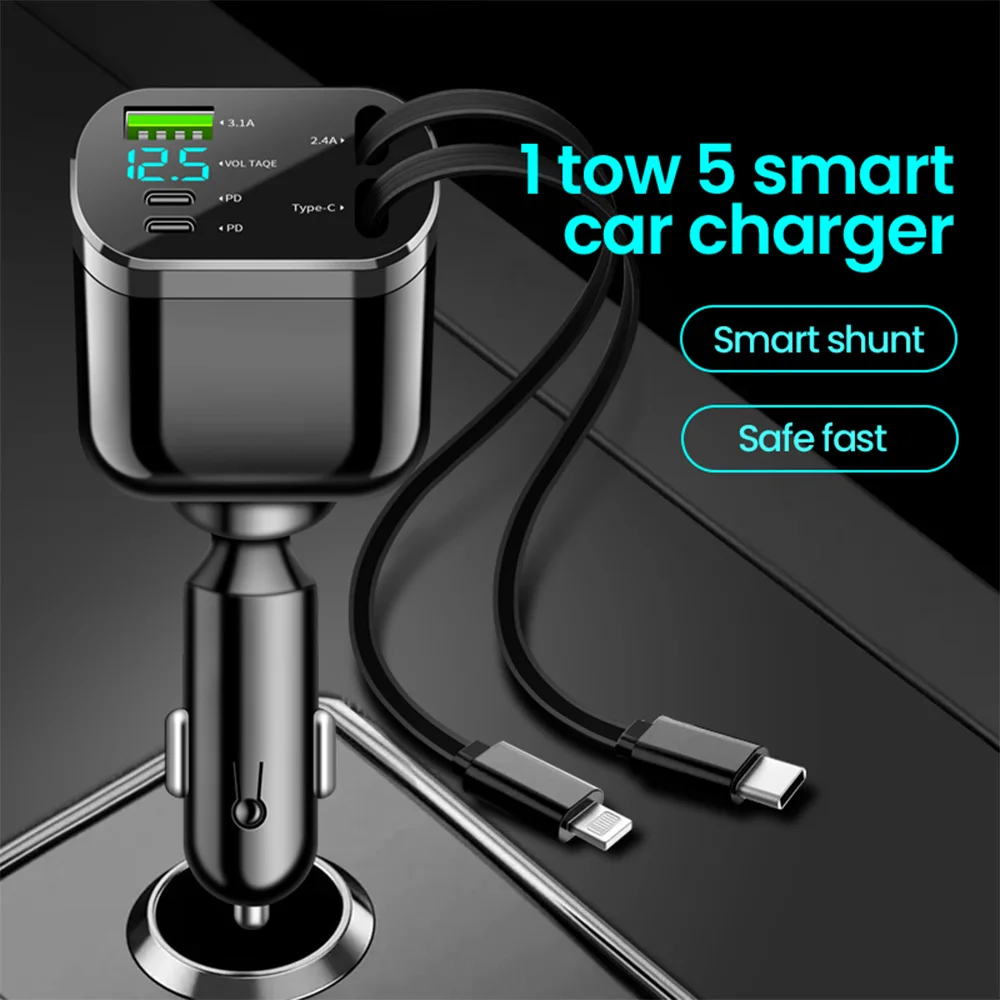 Car Charger 5 IN 1 Retractable USB C to Lightning Cable 2 Type C Port USB Charger For IPhone Adapter