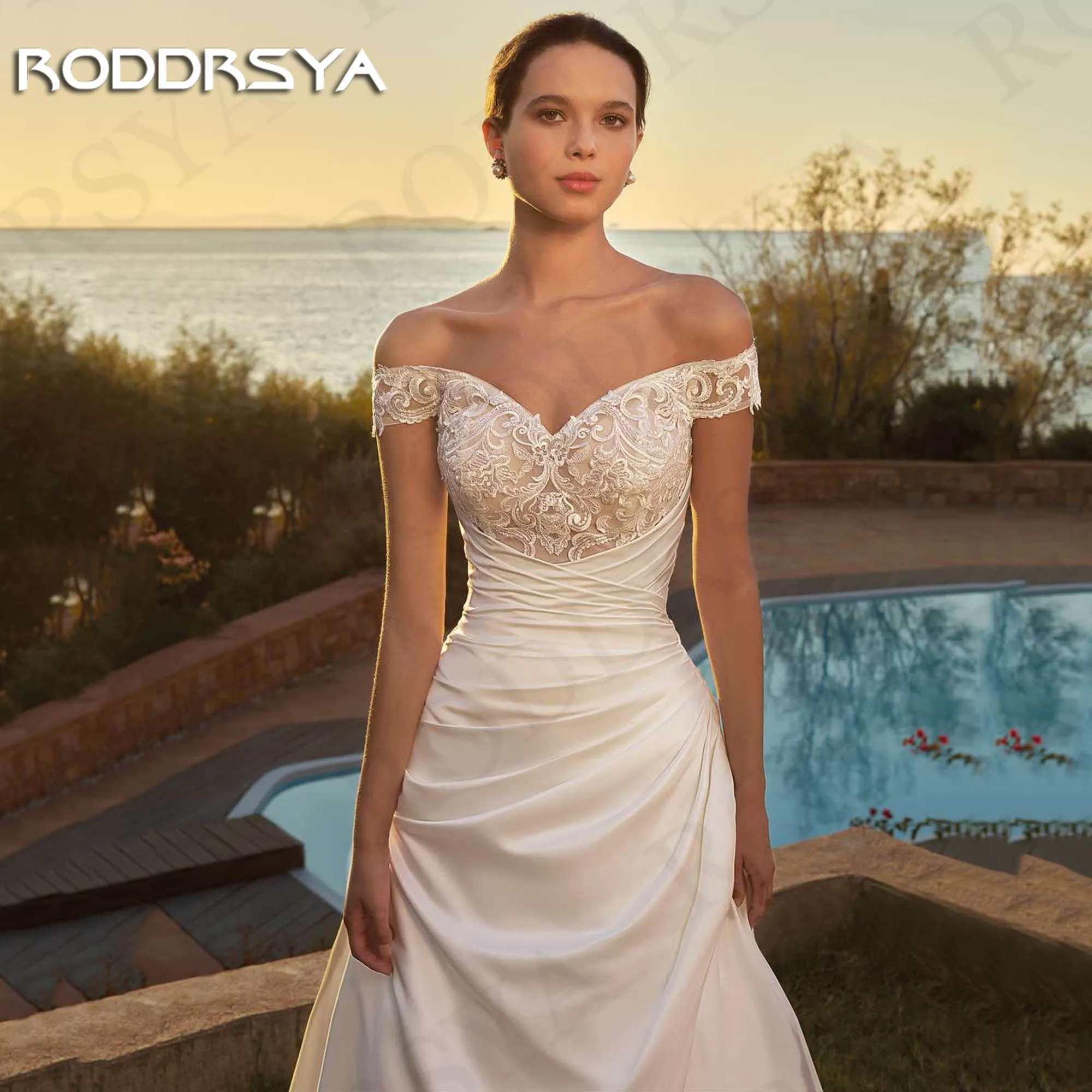 RODDRSYA قبالة الكتف فساتين الزفاف الساتان حبيبته...