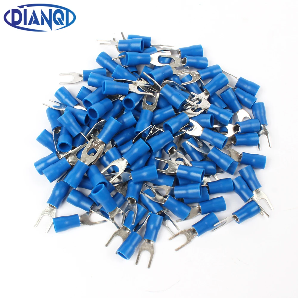 Blue Furcate Cable Wire Connector - 100 Pack Pre-Insulating Fork Spade 16-14AWG Crimp Terminals