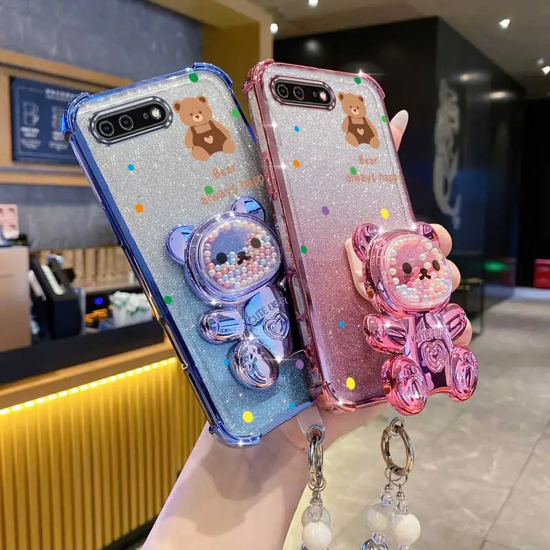 Pearl Glitter Bear Phone Holder Case with Lanyard Strap and Anti-Knock Protection