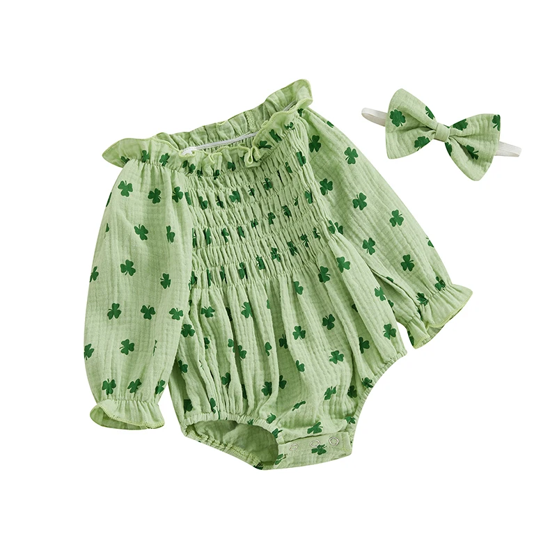 Newborn Girl St Patricks Day Bodysuits Outfit Long Sleeve Off shoulder Shamrock Print Romper with Hairband Baby Jumpsuits 2