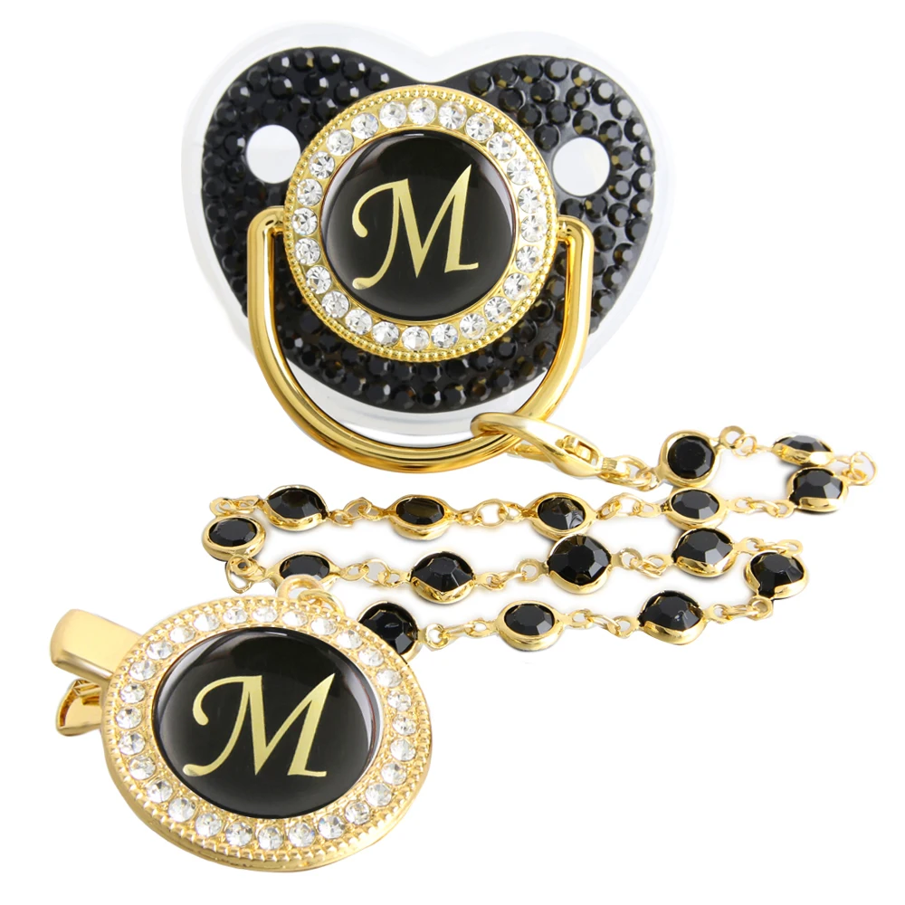 26 Letters Bling Black Baby Pacifier with Gem Bead Chain Gem Clip /Teether Toy 2