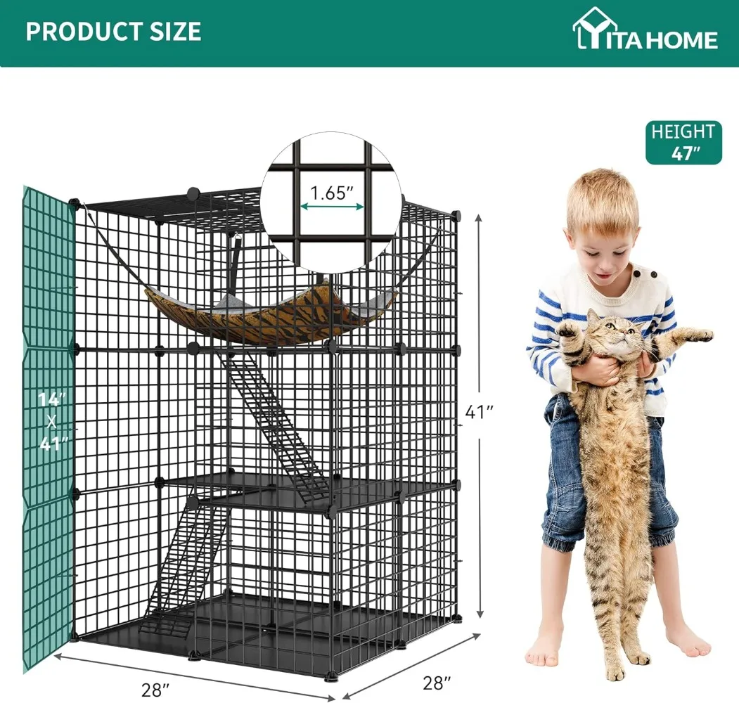 YITAHOME Cat Cage Indoor Catio DIY Cat Enclosures Metal Playpen 3-Tiers Kennels Pet Crate with Extra Large Hammock for 1-2 C