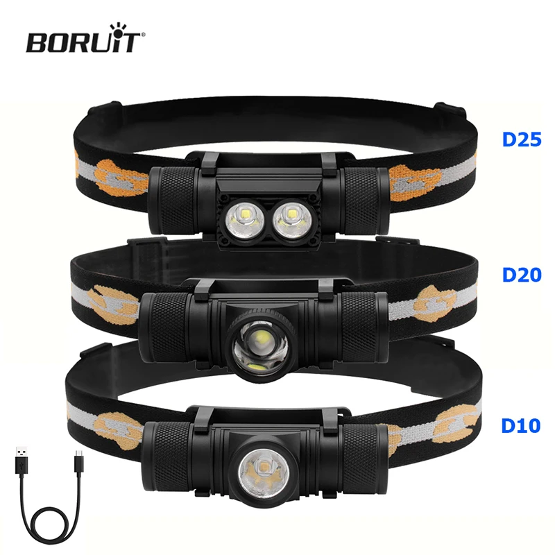 BORUiT D10/D25 Powerful LED Headlamp 18650 Battery Type-C Rechargeable Headlight Fishing Torch Camping Work Head Flashlight head flashlight,cob headlamp,work light
