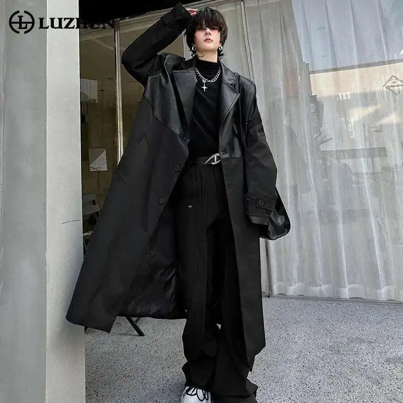 LUZHEN Korean Leather Splicing Long Trench Coat Men's Trendy Loose Knee Length Stylish Outwear Male Autumn Winter LZ5199