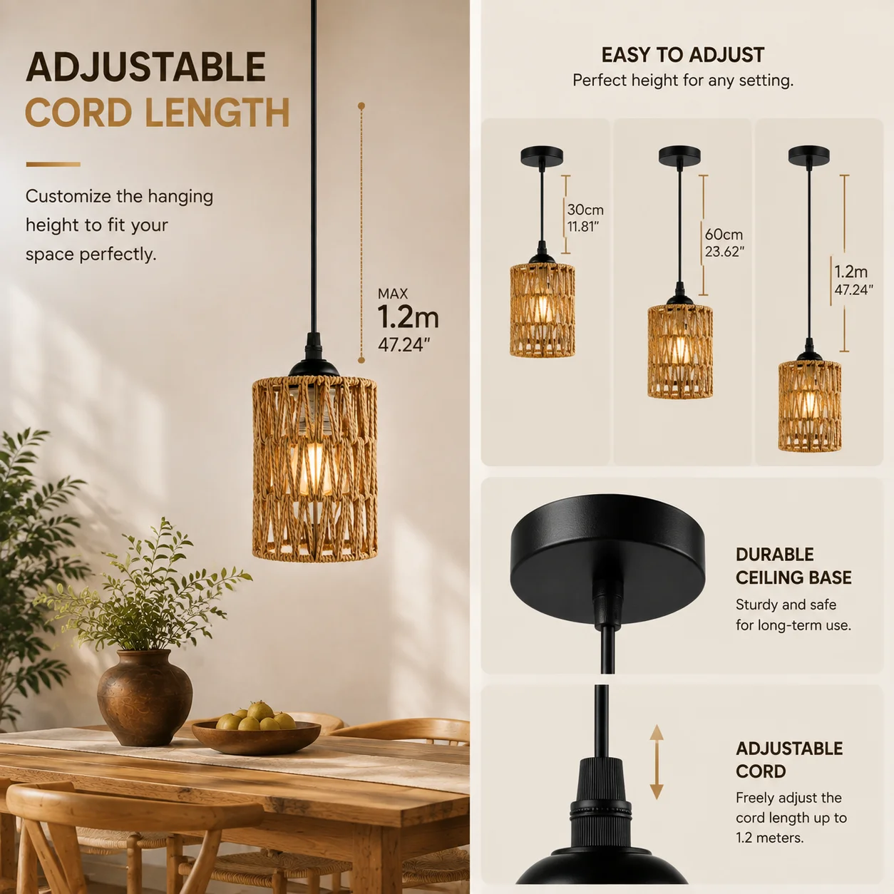 E27 Hemp Rope Woven Iron Pendant Lamp, Bulb Not Included, 1.2m Adjustable Hanging Wire for Kitchen Island Bar Corridor Decor