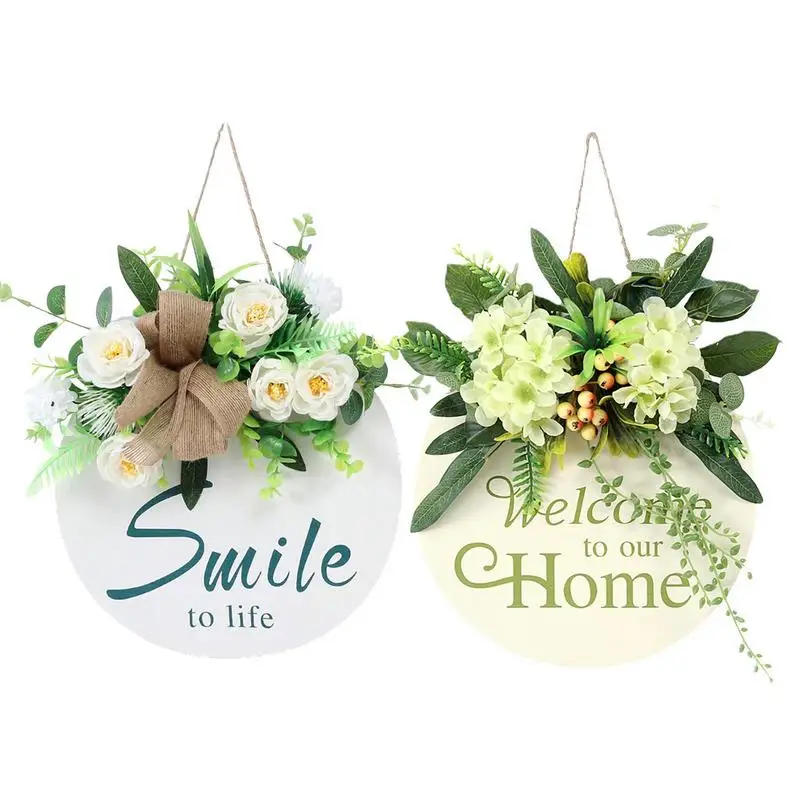 

Front Door Wood Welcome Sign Round Wood Wreaths Artificial Flowers Spring Welcome Sign Home Decor Craft for home restaurent