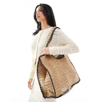 Borsa semplice in tessuto erba a spalla, versatile casual in stile foresta, borsa da spiaggia di grande capacità